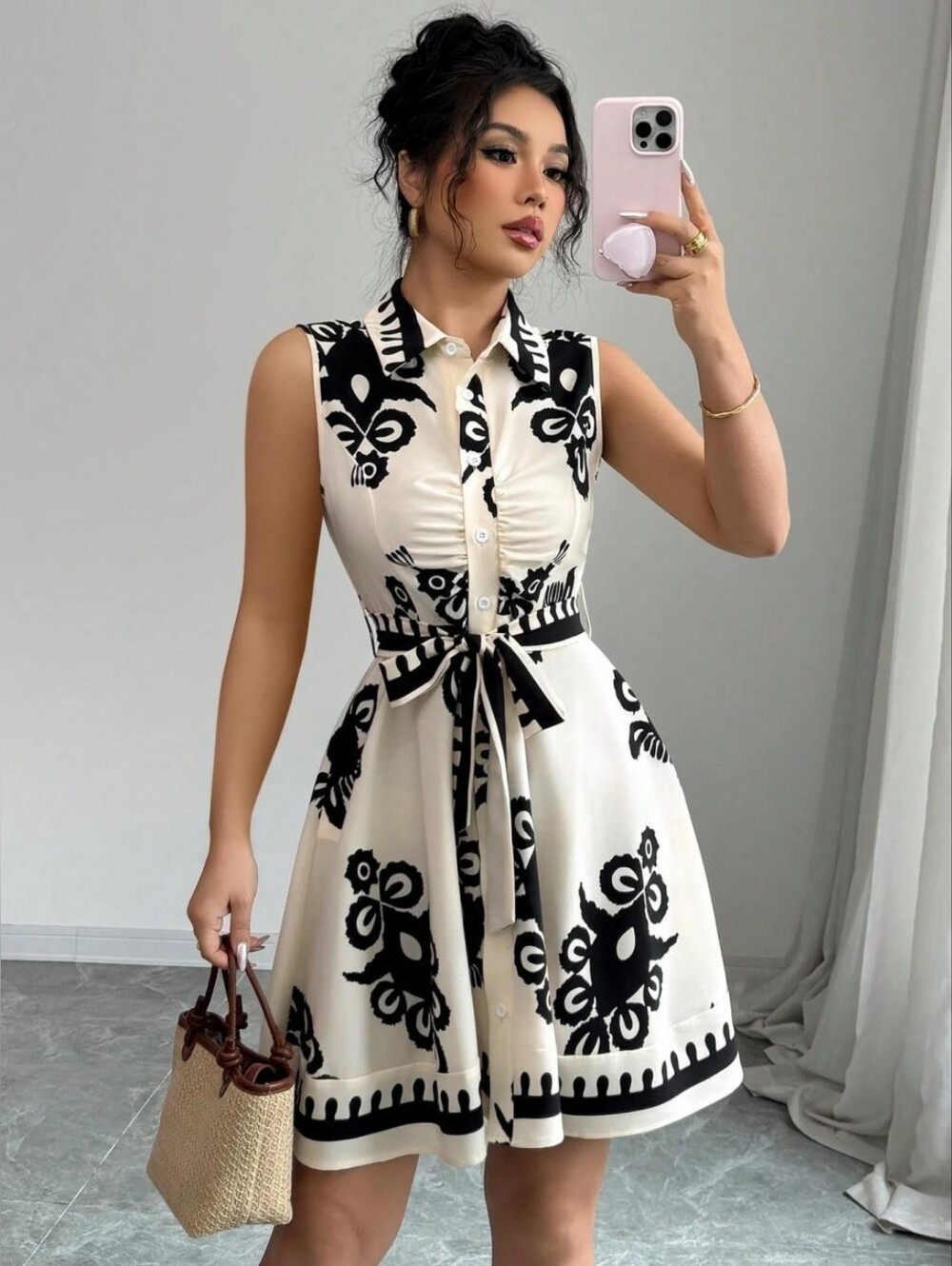 Sleeveless Black & White Print Tie-Waist Dress - Full & Plus Sizes